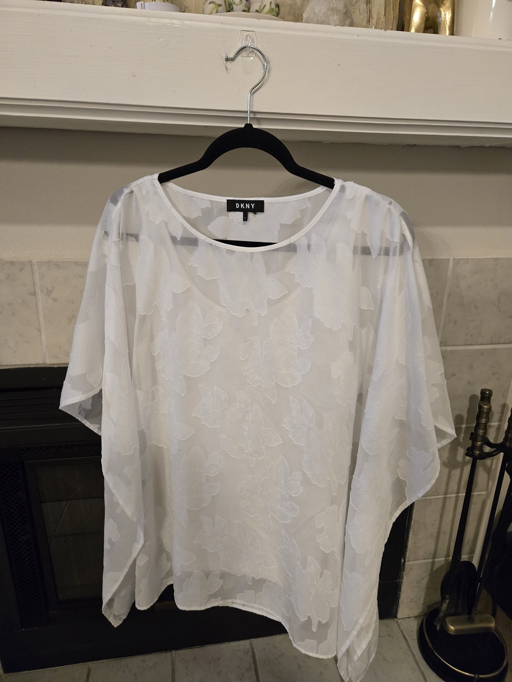 DKNY White Sheer Floral Jacquard Blouse